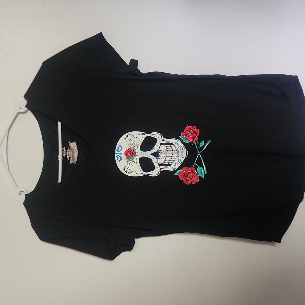 Black Tee With Sugar Skull And Rose Design